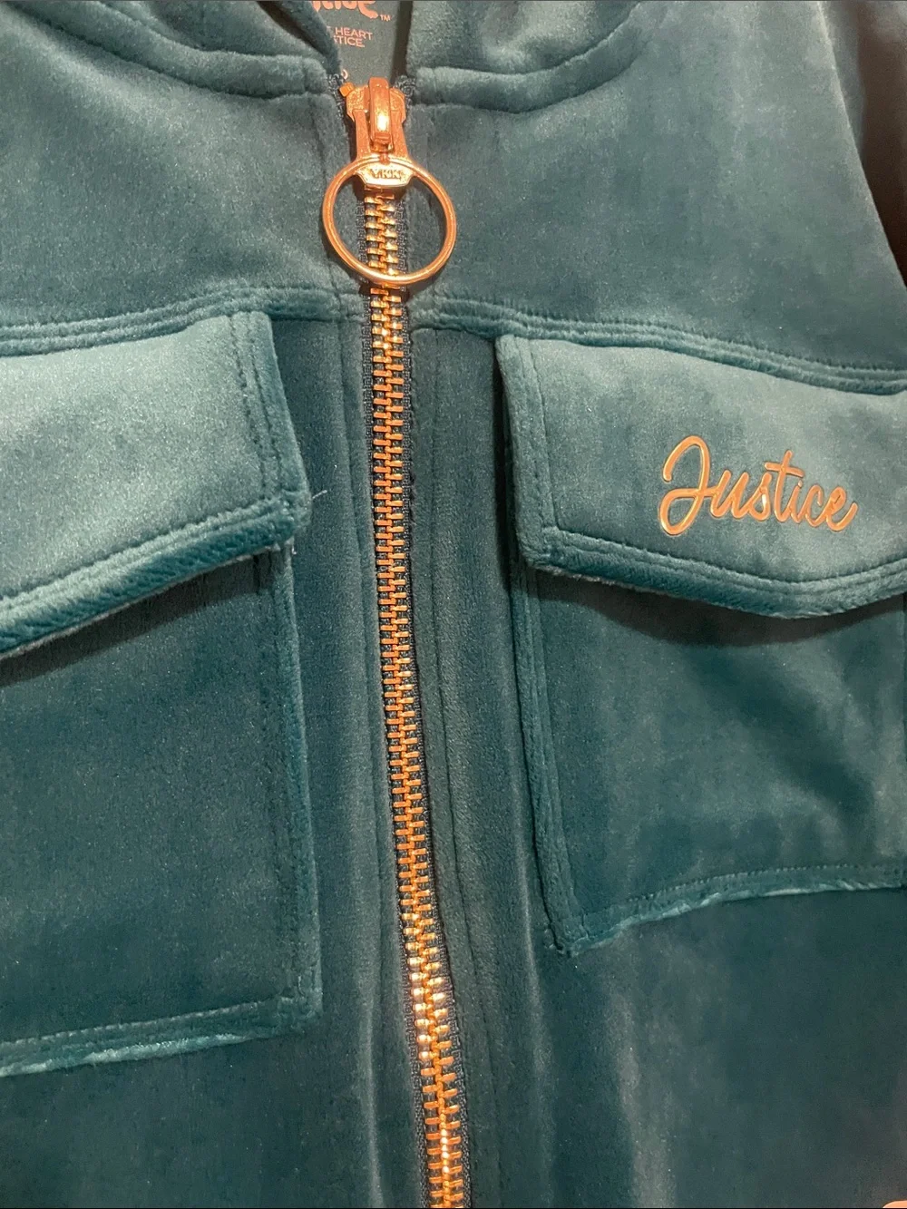 Justice Teal Velour Zip Front Hoodie Jacket